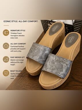 Coach Silver Signature Jacquard Cork Wedge Slide Sandals Women’s Size 9B